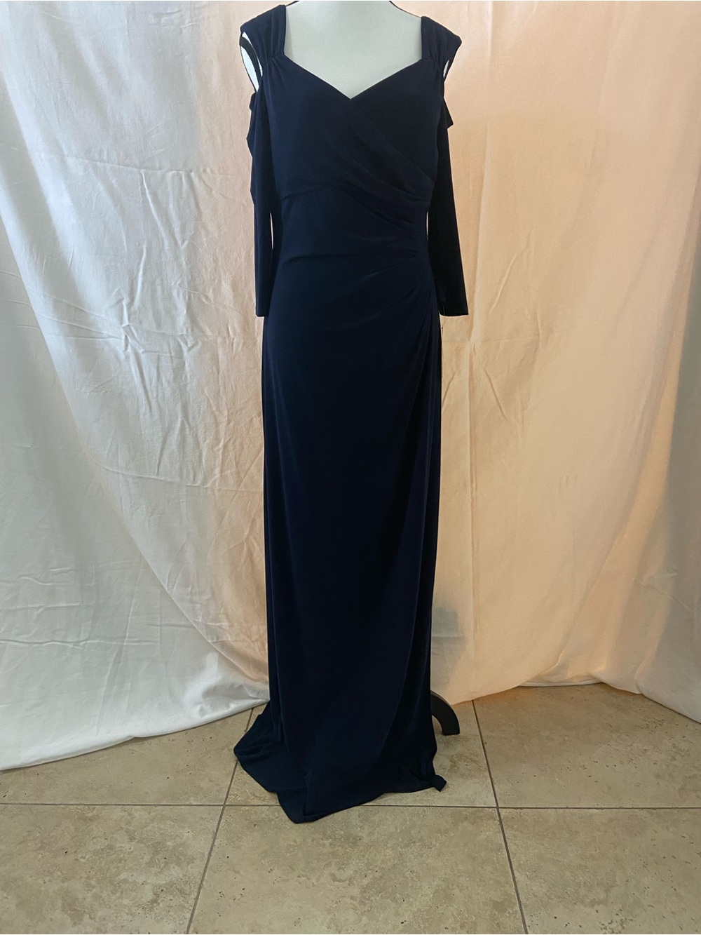 R&M Richards Navy Cold-Shoulder Ruched Evening Gown
